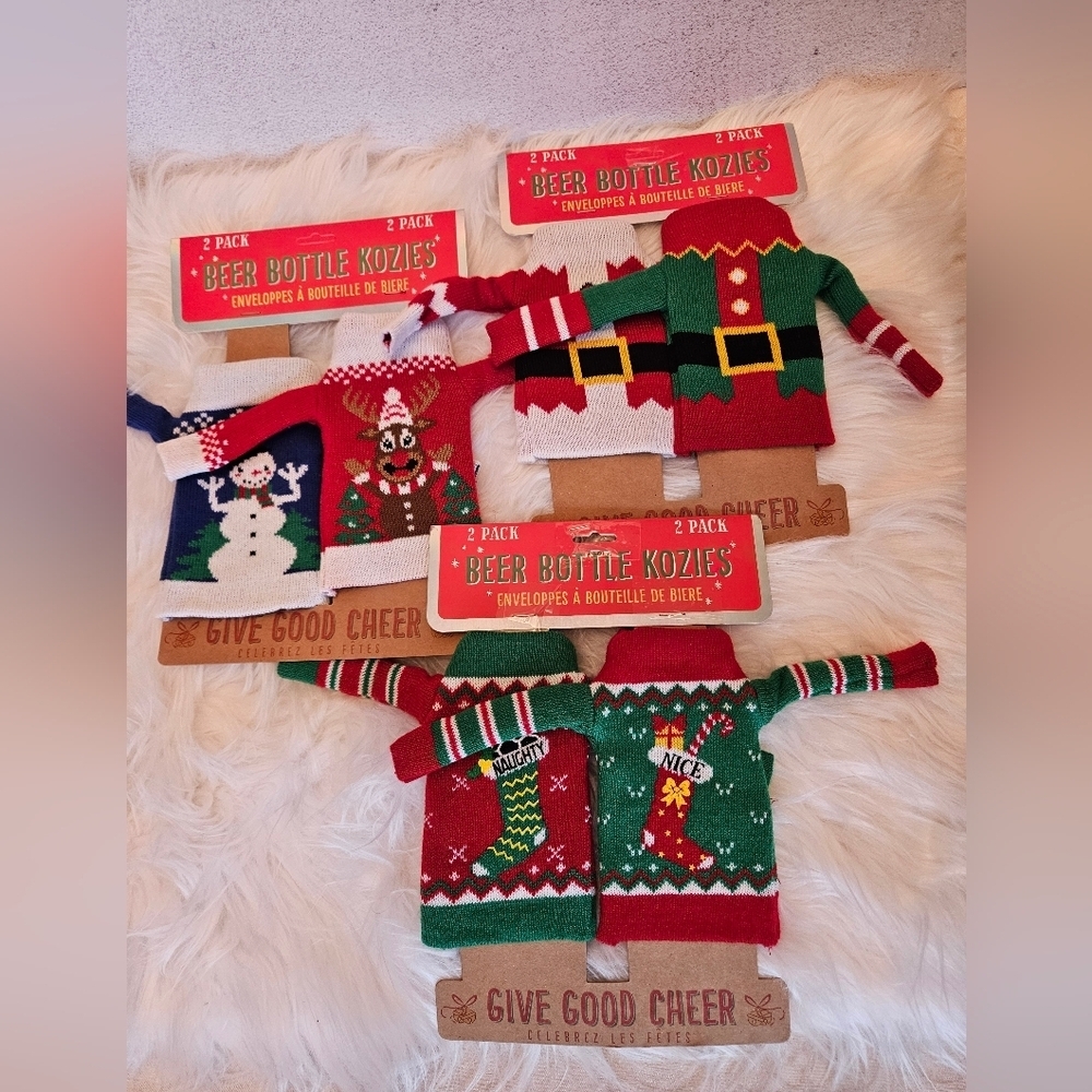Three Sets of Two Beer Bottle Kozies Assorted Christmas Ugly Sweater Designs NWT